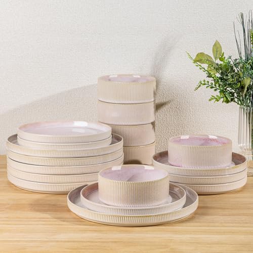Image of TheTerra Ceramic Dinnerware Sets for 6, 18 Pieces Porcelain Lightweight Plates and Bowls Sets, Scratch Resistant Dish Set, Oven & Microwave & Dishwasher Safe, Primrose Pink