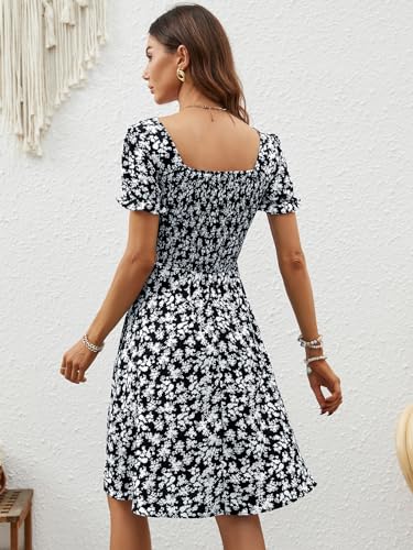 Image of Berydress Women's Summer Dresses 2026 Pockets Short Sleeve Square Neck Flowy A Line Casual Boho Smocked Mini Sun Dress