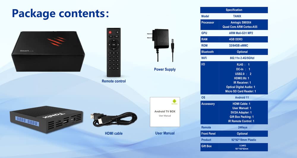 Tanix X4 Android TV Box – Amlogic S905X4 Cortex-A55, 4 GB RAM 64 GB di memoria, Android 11, Gigabit Ethernet e USB 3.0, lettore multimediale 8K 4K HDR10