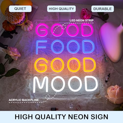 Image of Horseneon Good Food Good Mood Neon LED Sign, Food Neon Signs for Wall Decor, Good Food Good Mood Neon Light with USB Powered for Snack Shop, Restaurant, Fast Food