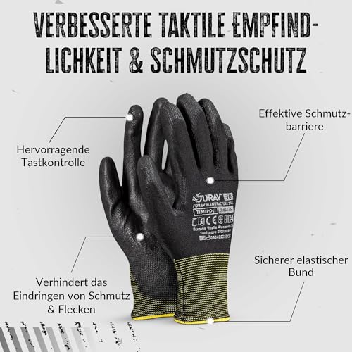 FUZZIO 12 Paar Arbeitshandschuhe Herren Gr 9, Mechaniker Handschuhe, Gartenhandschuhe Herren, Arbeitshandschuhe Damen, Montagehandschuhe, Polyurethan Beschichtung mit Handschuhclip