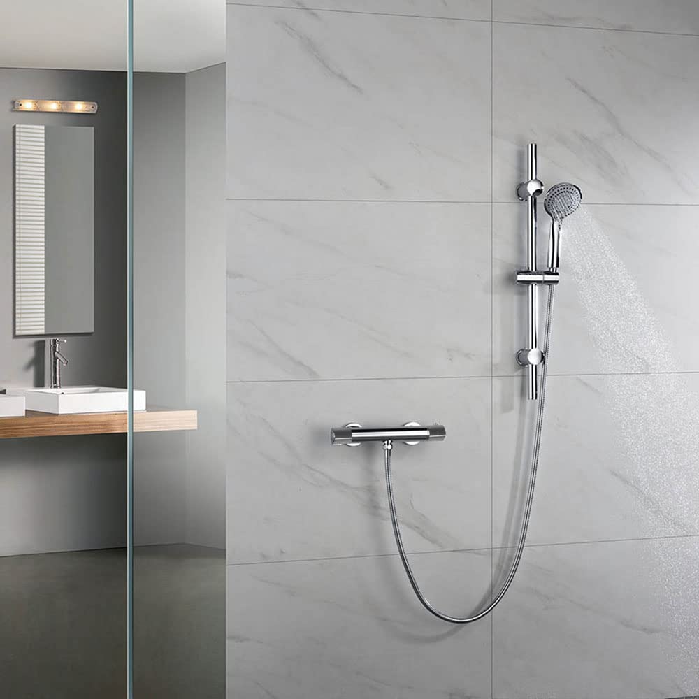 Grifo termostático para ducha ALO con barra y manetas latón grafiladas. Incluye flexo de acero inoxidable, mango de ducha y barra de ducha