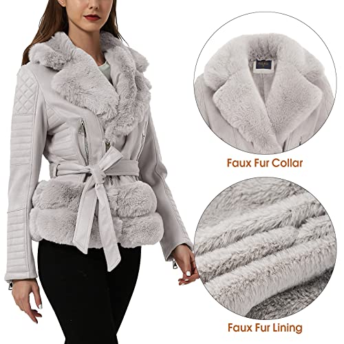 Xuliku Women's Faux Fur Collar Suede Leather Jacket With Detachable Belt Short Zip Up Warm Coat For Women Winter Outwear #TOP2