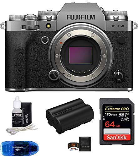 Fujifilm X-T4 Mirrorless Digital Camera Body (Silver) Bundle, Includes: SanDisk 64GB Extreme PRO SDXC Memory Card, Spare Fujifilm NP-W235 Battery + More (6 Items)