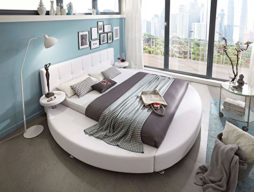 SAM Rundbett Zarah 180x200 cm in weiß Designbett mit Nachttisch Lederimitat bezogen