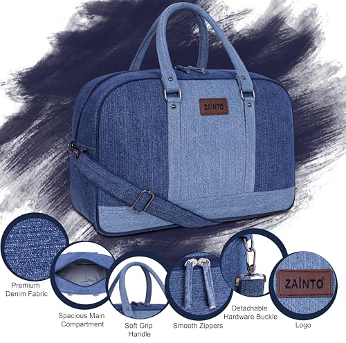 Image of Zainto Denim Duffel Bag for Men & Women | Stylish Weekender Travel Cabin Bag | Durable Denim Fabric with Shoulder Strap, Spacious Luxury Bag 7kg Flight