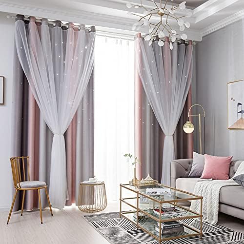 Irishom Star Curtains Stars Blackout Curtains Features a Gradient Stripe Tulle Overlay for Kids Girls Bedroom Living Room Colorful Double Layer Star Window Curtains, 1 Panel