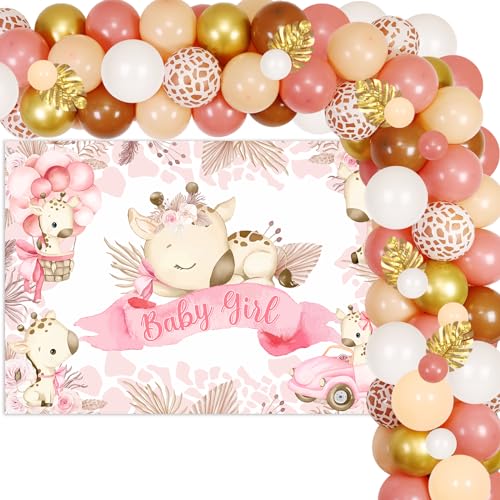 Baby shower fille girafe rose : kit arche de ballon et toile de fond pour fête prénatale