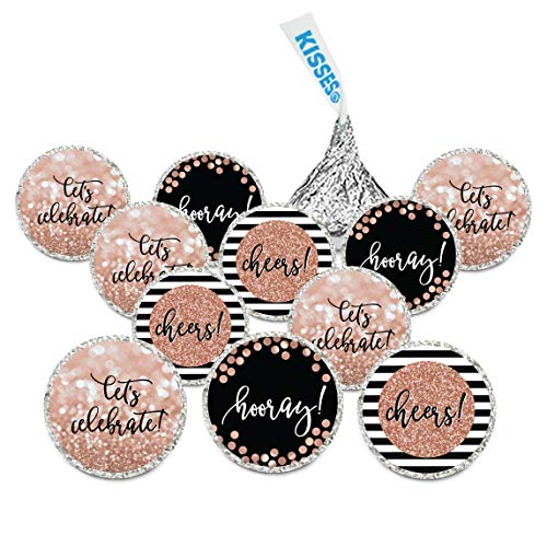Andaz Press Glitzy Faux Rose Gold Glitter Milestone Chocolate Drop Labels Trio, Hooray! Cheers! Let's Celebrate!, 240-Pack, Not Real Glitter, Fits Kisses Party Favors Colored Supplies