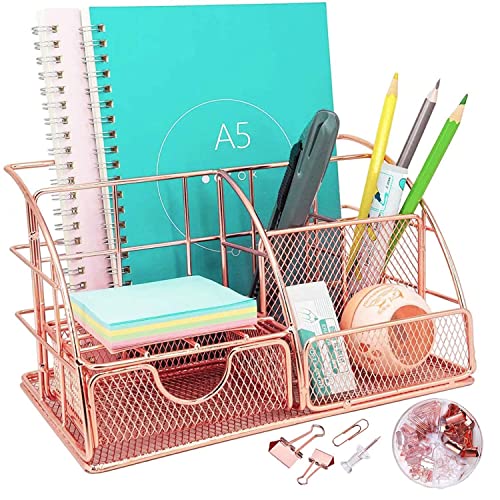 Desk Organizer and Accessories, Office Supplies Organization for Women with 72 Pieces Clip Set, Desktop Decor for Office,School,Home,Rose Gold