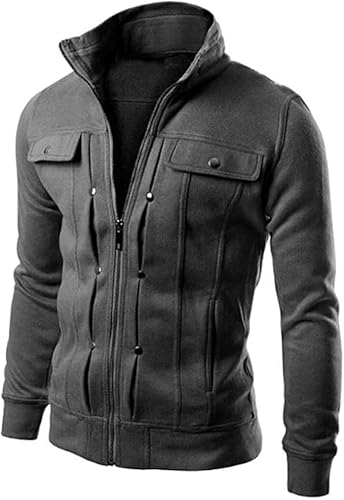 Men's Fashion Casual Zip Up Jackets Sweatshirts Full Zipper Bombers Jacket Stand Collar Warm Coat with Pockets (Dark Grey,Large)