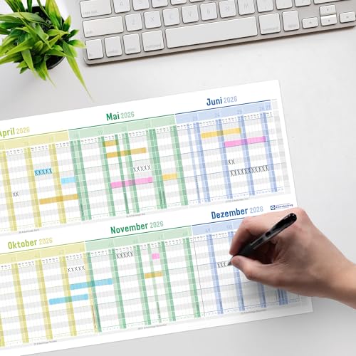 Häfft® Urlaubsplaner 2026 Mitarbeiter faltbar/gefalzt - A4 zum Abheften (ausgeklappt 89 x 29 cm) für 12 Personen oder Projekte \Rainbow\ - nachhaltig & klimafreundlich