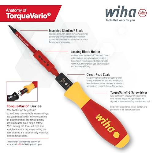 Image of Wiha 28792 Insulated Torque Control Driver & SlimLine Blade Set, 16 Piece, 18-62 in-lb, Slotted, Phillips, Torx & Square, 1000V VDE | 18-62 in-lb, Slotted, Phillips, Torx and Square, 1000V VDE