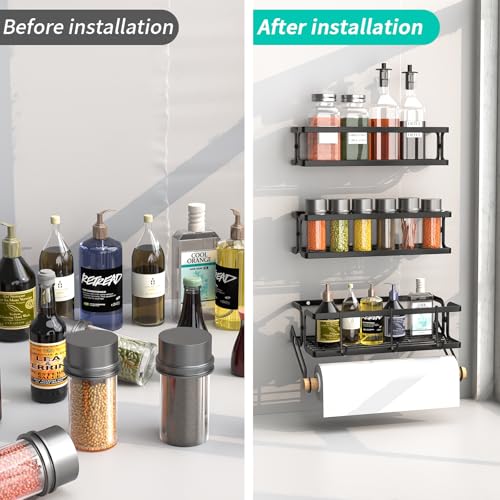 3 Pack Spice Rack Wall Mount With Paper Towel Holder and Hooks,Space-Saving Spice Organizer for Spice Jars and Seasonings, Hanging Spice Rack Organizer Kitchen for Cabinet, Pantry,Black - Image 4