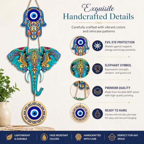 Image of Evil Eye Wall Hanging for Home Entrance | Nazar Suraksha Decorative Hanging | Blue Evil Eye Protection Charm | Handmade Wall Decor for Home, Office, Shop & Temple (Elephant)