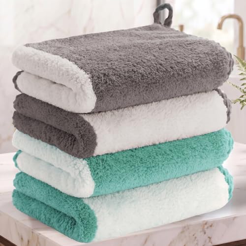 Image of Story@Home 500 GSM Microfiber Hand Towel Set of 4 | Super Soft Color Blocked Face Towel | 60 x 40 cm | Grey & Mint Green | Sensitive Skin Friendly Face Towels for Gym, Travel, Sports, Bathroom