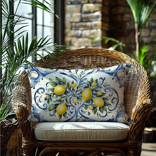 Image of Summer Lemon Coastal Pillow Cover 12x20 Double-Sided,Italian Lemon Fruit Home Decor,Blue and Yellow Amalfi Coast Party Decorative Lumber Throw Pillow Cover for Home Bedroom Living Room