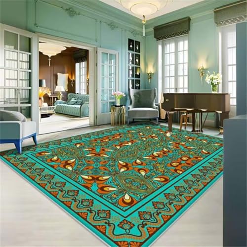 Tapis de salon bleu 200x200cm lavable à motif floral rétro - 2