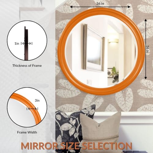 Image of Howard Elliott Collection George Round Glossy Orange Wall Mirror, Bevelled Vintage Hanging Wood Framed Vanity Mirrors for Home Decor, Living Room, Bathroom, Bedroom, or Hallway, 36 Inch Round