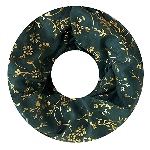 Lina & Lily Floral Gold Foil Women's Snood Scarf Lightweight (Dark Green)