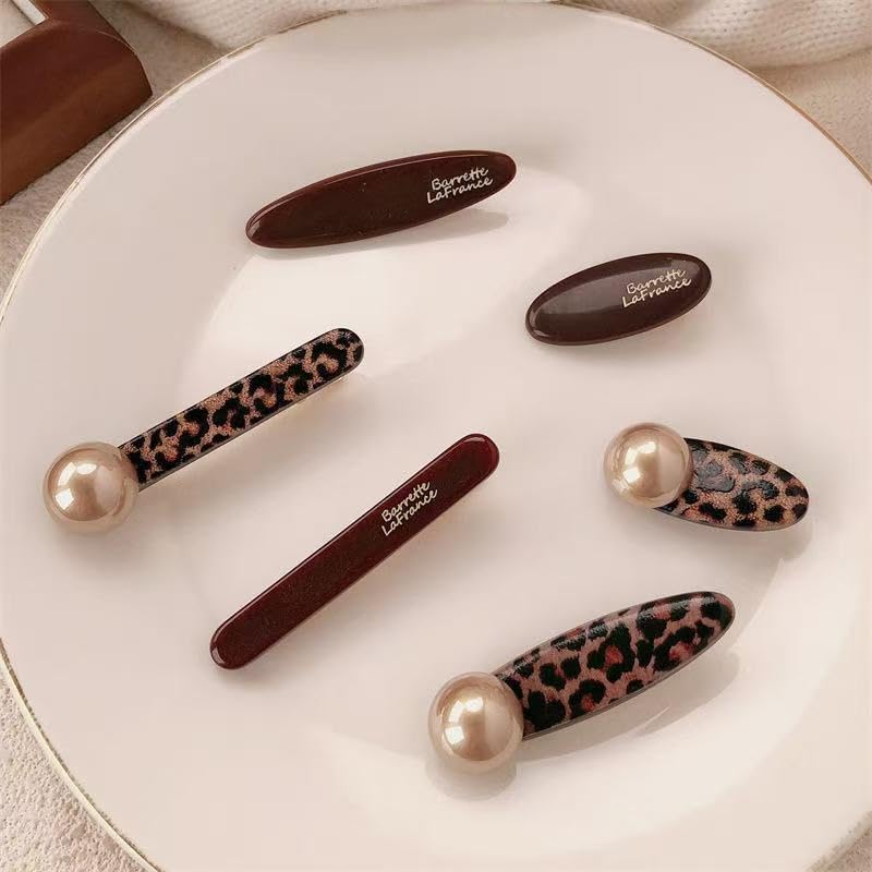 6PCS Leopard Print Pearl Hair Clips for Women, Non-Slip Hair Claw Clips Set Includes Teardrop, Oval and Barrette Style, Vintage Hair Accessories for Girls