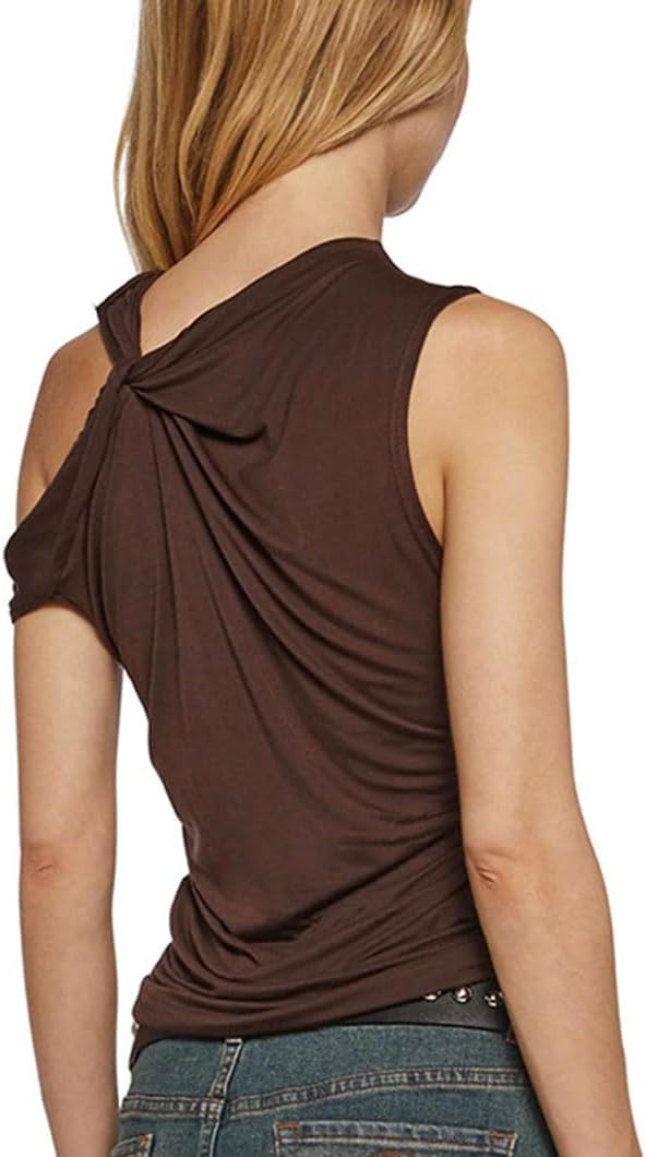 Brown Twist Strap One Shoulder Sexy Crop Tank Tops for Women Asymmetrical Neck Ruched Slim Y2K Shirt Sleeveless - Image 2