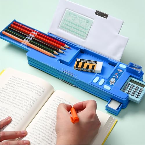 Image of Pop Up Multifunction Pencil Case, Cute Cartoon Pen Box Organizer Stationery with Calculators, Sharpener, Schedule, School Supplies, Best Birthday Gifts for Kids Teens (Blue)