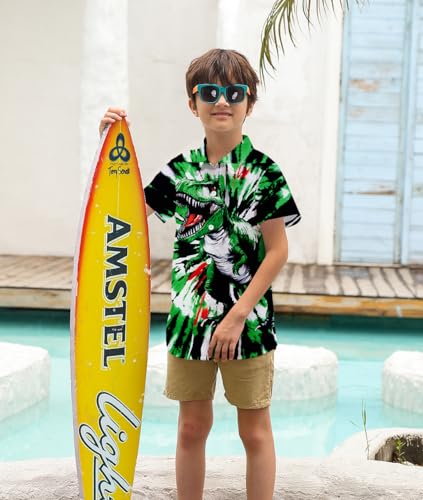 Image of uideazone Size 7-8 Tie Dye Shirts for Boys Funny Dinosaur Printed Button Up Shirt Hawaiian Luau Short Sleeve Casual Blouse Tops for Holiday Beach Party