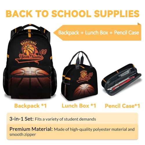 Personalized Basketball Backpack with Lunch Box and Pencil Case Set, 3 in 1 Matching Boys Black Backpacks Combo, Cool Bookbag and Pencil Case Bundle3