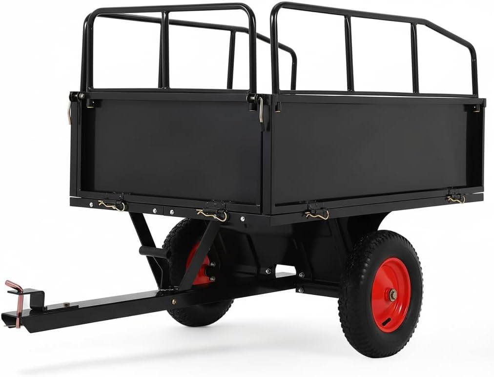 ATV Trailer Tow Behind Steel Dump Cart, 750 lbs 17 Cubic Feet Heavy Duty Yard Garden Trailer with Removable Sides & All Terrain Tires, Fits Lawn Mower, Tractor, Garden Cart, Black