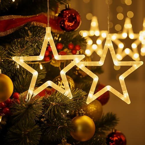 Image of Gigawatts Fairy Curtain String Light with Star Shaped 138 LEDs 2.5m Indoor & Outdoor Decor Lights for Home Diwali Christmas and Valentine Party (Pack of 1, Warm White, 6+6 Stars)