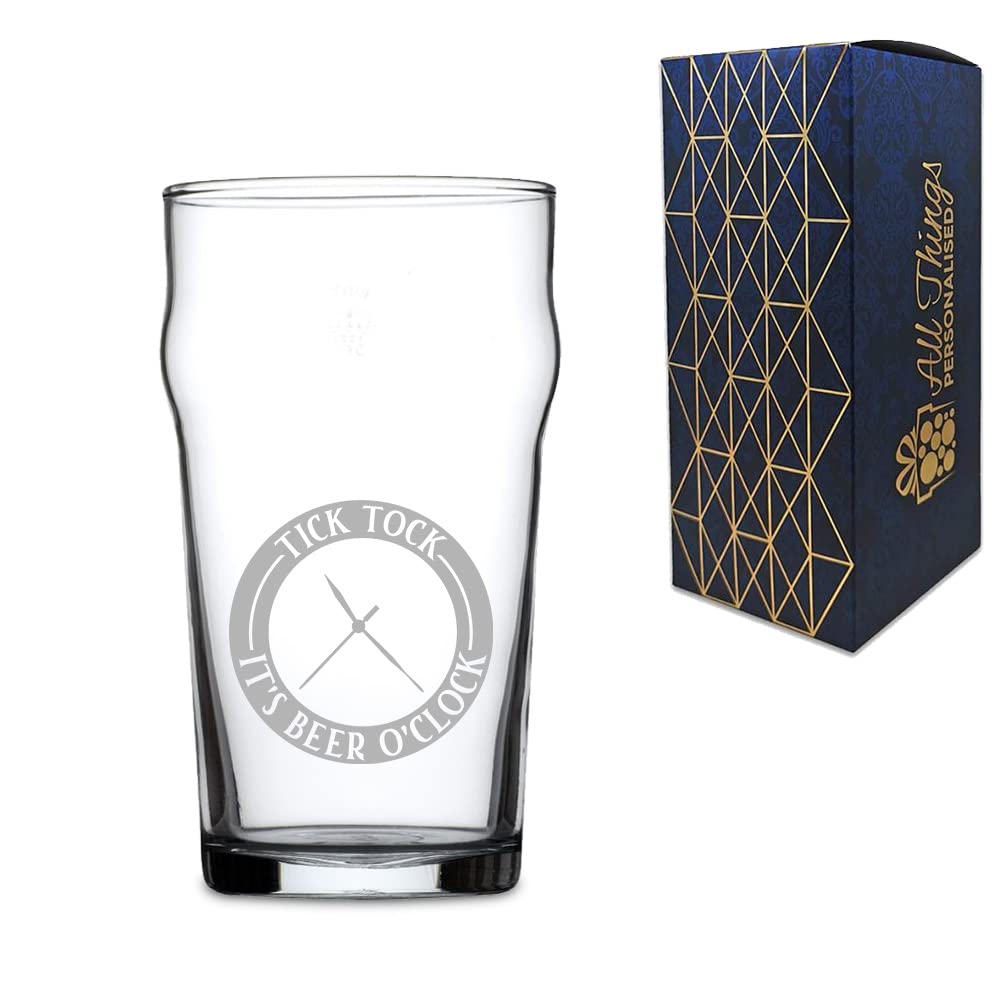 Novelty Engraved/Printed Nonic Beer Cider Pint Glass - Tick Tock, It's Beer O'Clock - Engraved