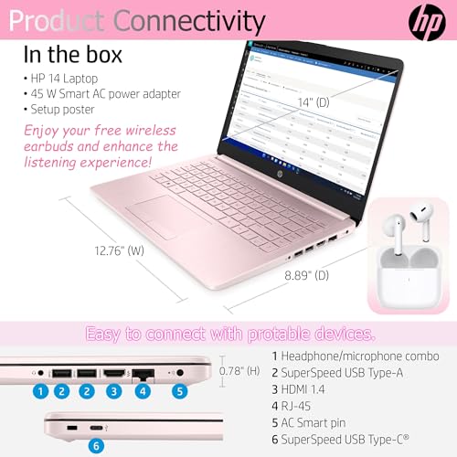 Image of HP Ultralight 14 inch Laptop with Intel 4-Core Processor • with Microsoft 365 and Wireless Earbuds • 8GB RAM • 64GB SSD • HD Display • Pink • Windows 11