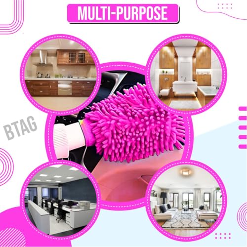 Image of Btag Double Sided Microfibre Wash Mitt Cleaning Gloves (2 Pcs, 2400 GSM, Size 26 X 19 Cm, Extra Large, Super Absorbent, Big Chenille Mitt Glove) (Pink)