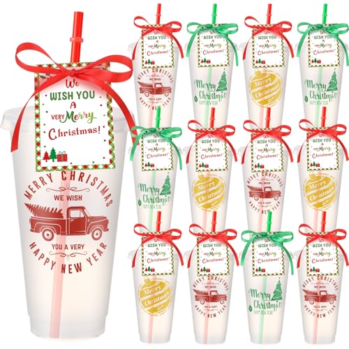 Mimorou 12 Set Christmas Cup Gifts Bulk Coffee Gift Card Holder with Cards Clear Plastic Tumblers with Lid Straw Thank You Cards Christmas Party Favors for Xmas Gift Teacher Coworker (Festive)