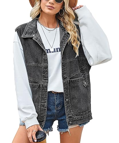 Image of PAODIKUAI Women's Oversized Denim Vest - Sleeveless Distressed Jean Vest with Pockets for Casual Layering
