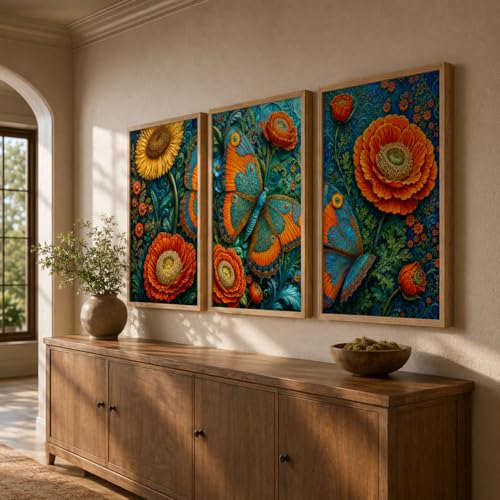 Image of Livin'luxe Set of 3 Butterfly Floral Wall Paintings for Living Room Bedroom Home Decor with Premium Wooden Color Synthetic Frame, Colorful Nature Art (25.5 x 19.5 Inch) NM03-73