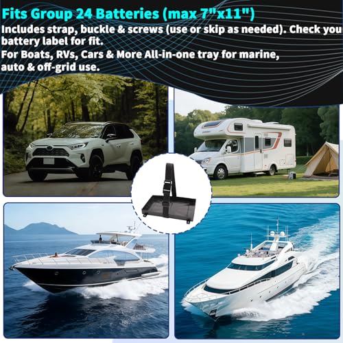 Image of Group 24 Battery Tray with Strap Heavy Duty Marine Battery Tray Holder for Boat, RV, Automotive & More - Secure, Non-Slip Boat Battery Tray for Series 24 Batteries