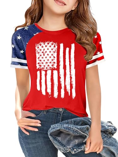 Image of CAZYCHILD Girls 4th of July USA Shirt American Flag Patriotic T-Shirt Independence Day Outfit for Kids 5-14Years