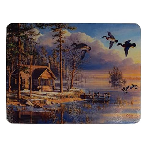 Rivers Edge Products Large 12in x 16in Decorative Tempered Glass Cutting Board, Hypoallergenic, Non Slip, Textured Surface Chopping Board for Kitchen, Cabin in the Woods, Spring Arrivals Cover