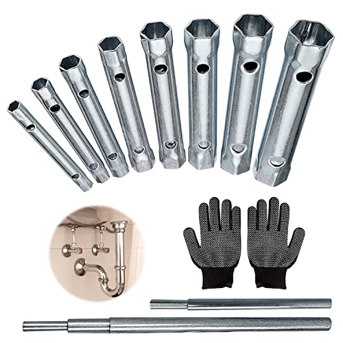 Choonjin 10 piezas 6-22 mm Llaves de Tubo, Juego de Llaves Grifas, Juego de Llaves de Tubo, Utilidad Multifuncional con Guantes Antideslizantes y 2 Tommy Bar, para Reparacion Plomada Automotriz (1)