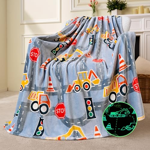Joiedomi Glow in The Dark Blanket Construction Gifts for Boys Age 2 3 4 5 6 7 8 9 10 11 12 Year Old Boy Gifts Soft Cozy Flannel Kids Throw Blanket Birthday Bedroom Decor 5060