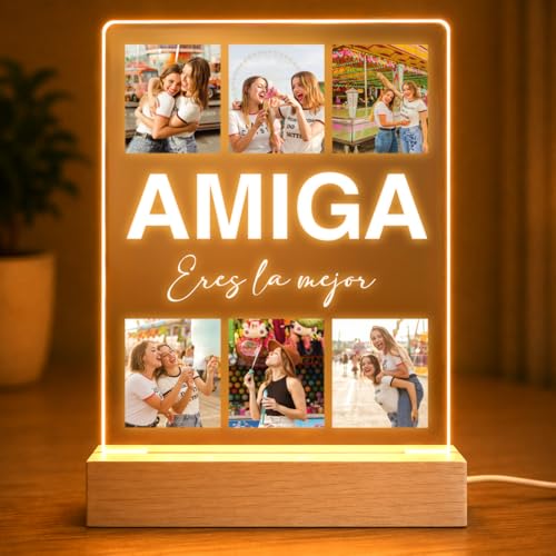 Regalo para Amigas o Amigos Especiales, Lampara Personalizada con Foto, Placa Metacrilato Luz LED y Base Madera USB, Cuadro Personalizado con Foto, regalo amiga Cumpleaños, Navidad, Boda, Aniversario