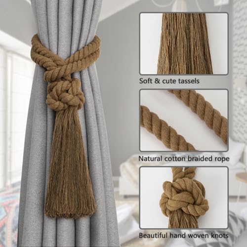 Pretty Jolly 4 Pack Natural Cotton Rope Tassel Curtain Tiebacks Boho Home Decor Drape Tie Backs Hand Woven Ball Curtain Holdbacks for Thin & Thick Home & Office Window Draperies (Khaki) - Image 3