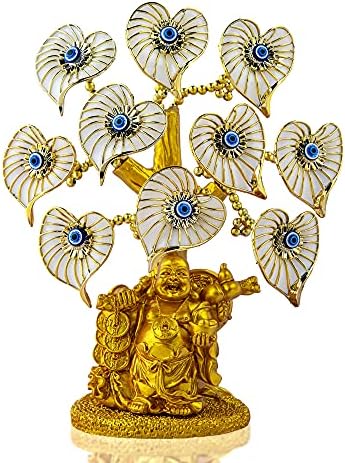 Blue Evil Eye Money Tree with Painted Golden Buddha Statue White Artificial Flowers Home Office Protection Decoration Feng shui Ornament