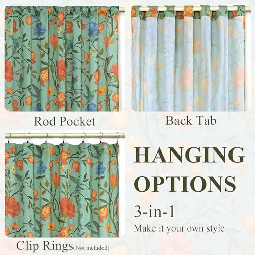 Image of JOOJA 54 Inch Boho Floral Curtains Tropical Bird Print Linen Semi Sheer Window Drapes for Kitchen, Bedroom, Bathroom, Living Room, Dining Room, Green