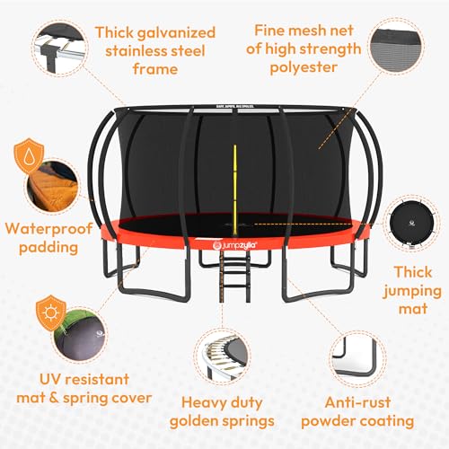 Image of JUMPZYLLA Trampoline Outdoor 8FT 10FT 12FT 14FT 15FT 16FT with Enclosure and Ladder, ASTM Approved Recreational Trampoline for Kids and Adults, Anti-Rust Coated Frame