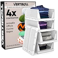 4 Cassetti Impilabili Scorrevoli Organizer Armadio VertiRoll - Contenitori Salvaspazio Portaoggetti in Plastica Colore Bianco Casa Cucina Bagno Ufficio Facili da Montare - Cassetti da 32,5x42,5x18,5cm