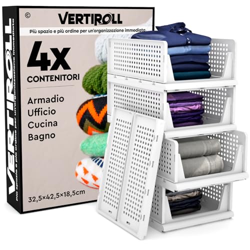 4 Cassetti Impilabili Scorrevoli Organizer Armadio VertiRoll - Contenitori Salvaspazio Portaoggetti in Plastica Colore Bianco Casa Cucina Bagno Ufficio Facili da Montare - Cassetti da 32,5x42,5x18,5cm