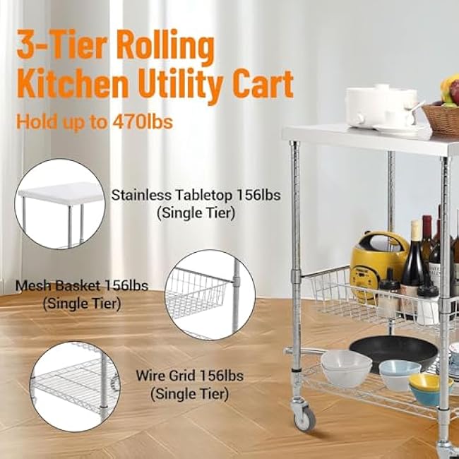 3 Tiers Kitchen Rolling Cart, 36.6x20x24 Wire Rolling Cart with Brake Wheels, 470LBS Capacity Steel Trolley with Storage Basket, Rolling Kitchen Carts for Indoor & Outdoor-r2SdngOE